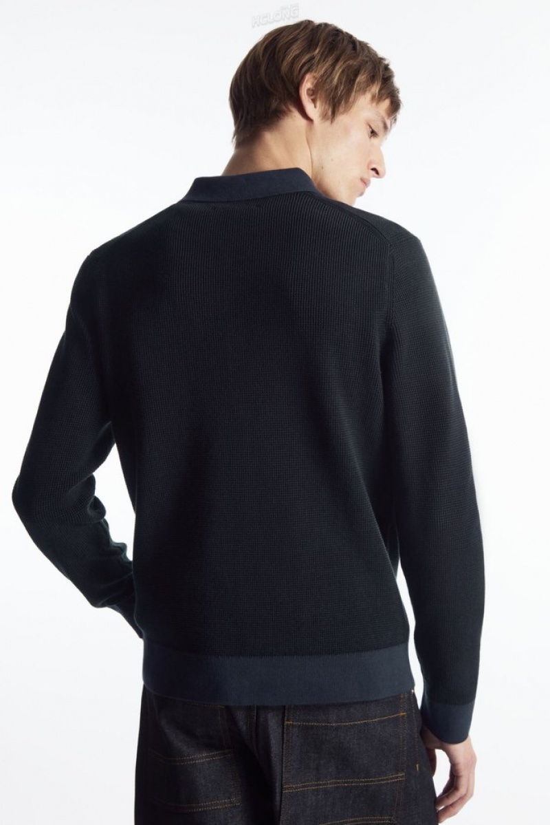 Stone COS Contrast-Trim Waffle-Knit Polo Shirt Knitwear | 095183-PUB