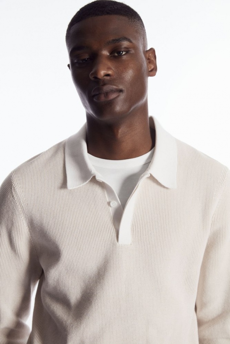 Stone COS Contrast-Trim Waffle-Knit Polo Shirt Knitwear | 703869-GLF