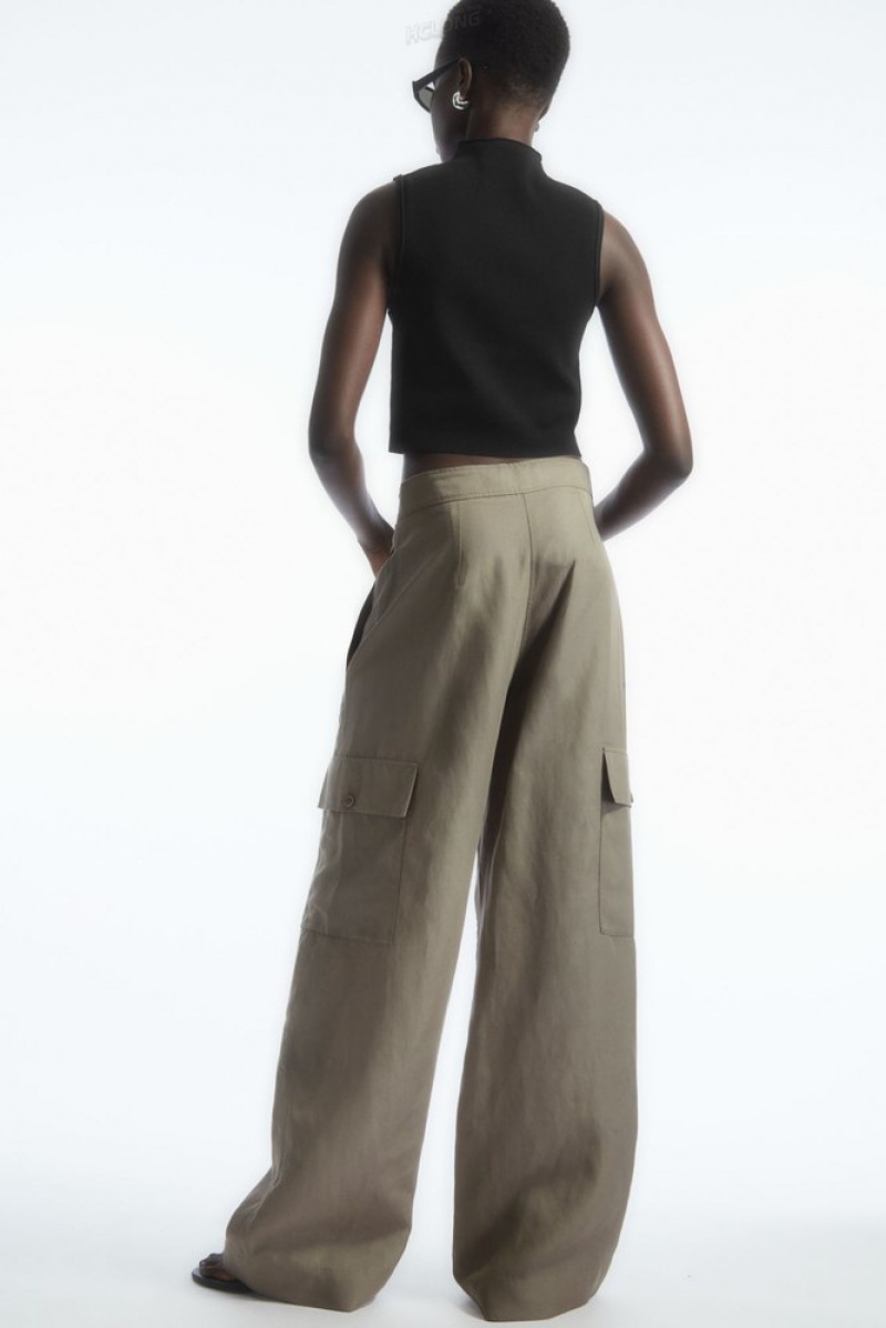 Stone COS Wide-Leg Linen-Blend Cargo Pants Pants | 509237-JZE