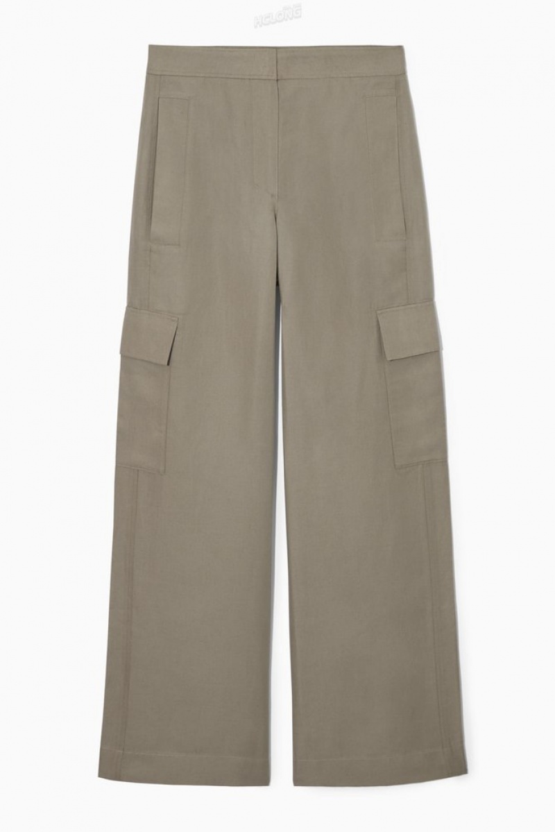 Stone COS Wide-Leg Linen-Blend Cargo Pants Pants | 509237-JZE