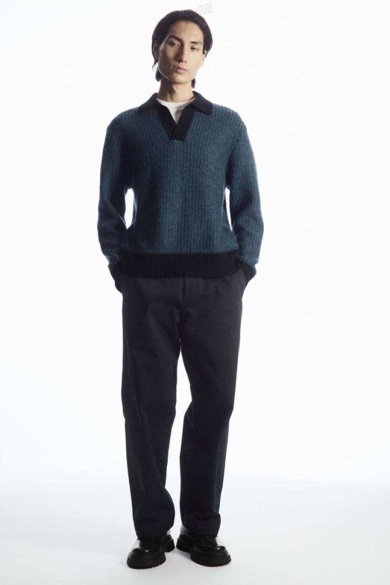 Teal / Navy COS Two-Tone Wool Polo Shirt Knitwear | 892145-OXC