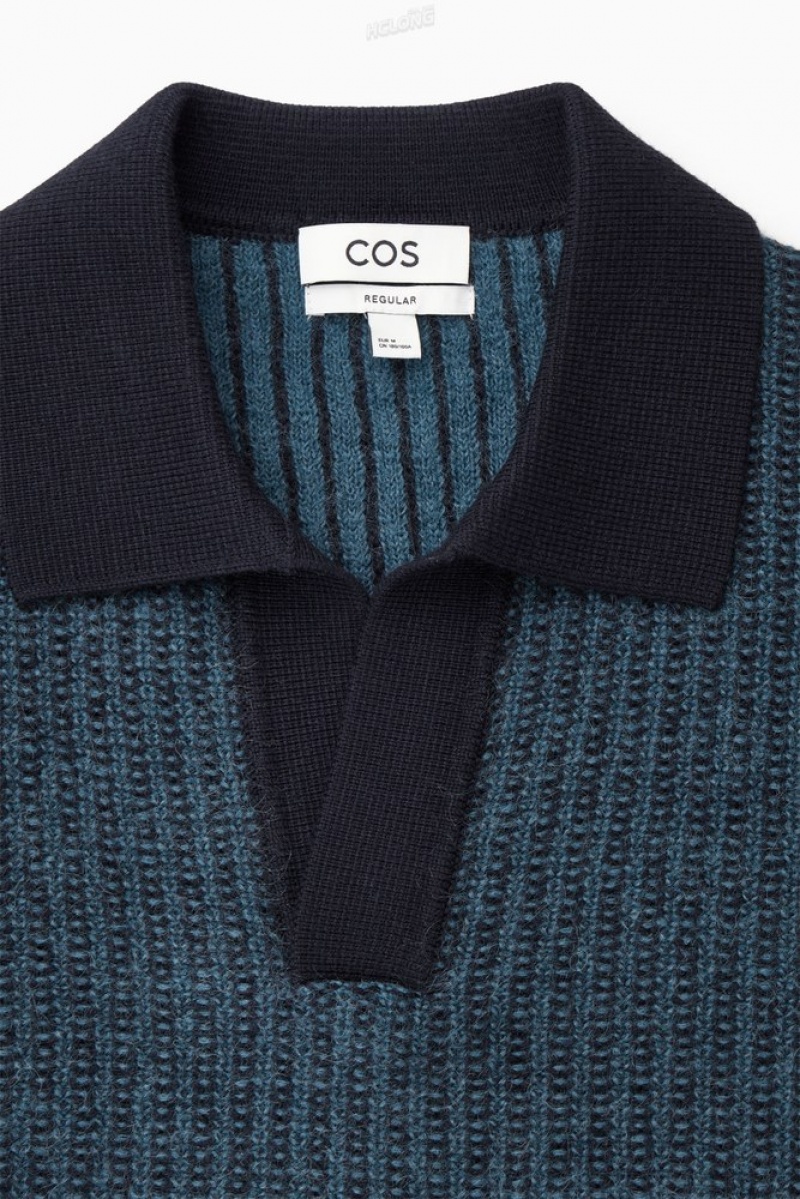 Teal / Navy COS Two-Tone Wool Polo Shirt Knitwear | 892145-OXC