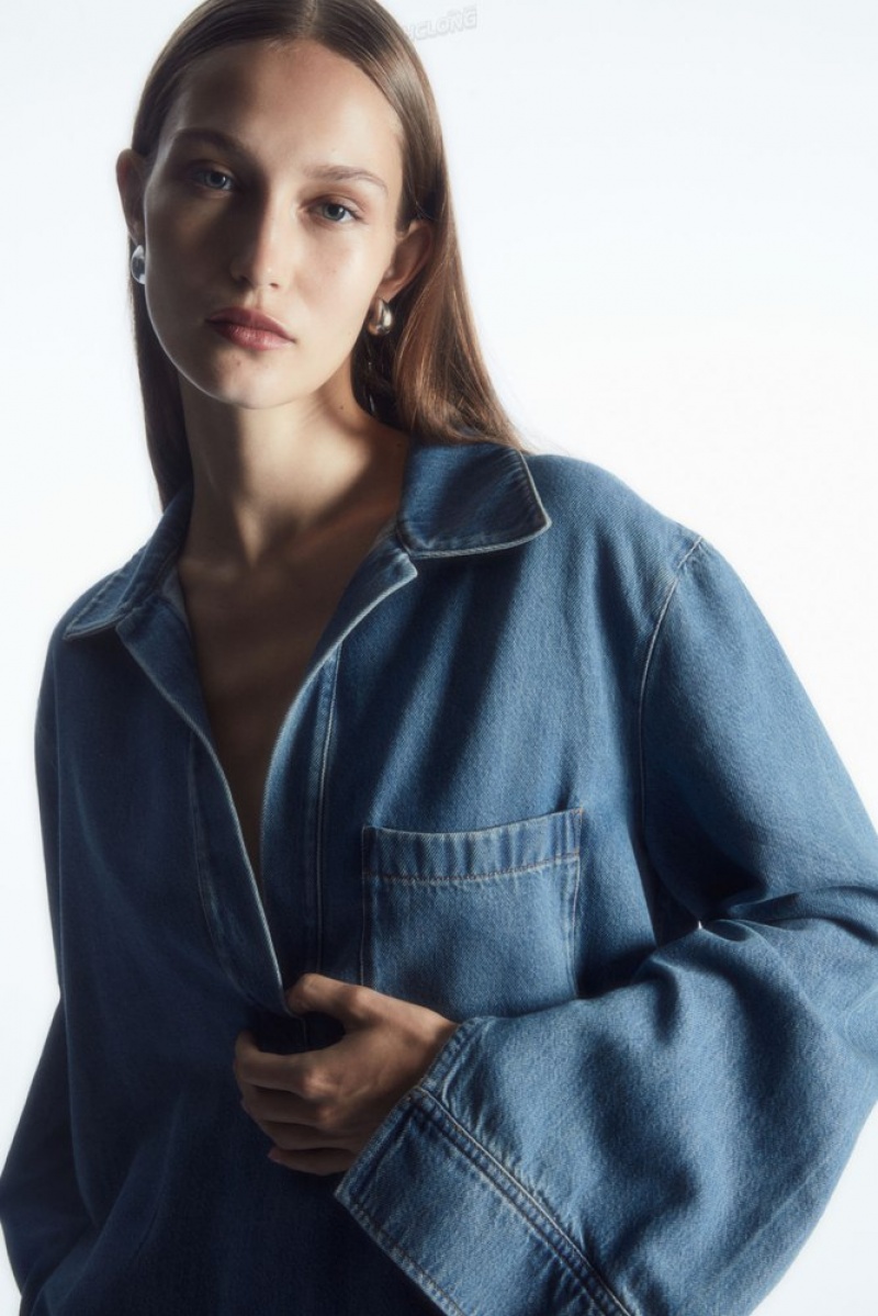 Washed Blue COS Collared V-Neck Denim Top Shirts & Blouses | 452168-JZK