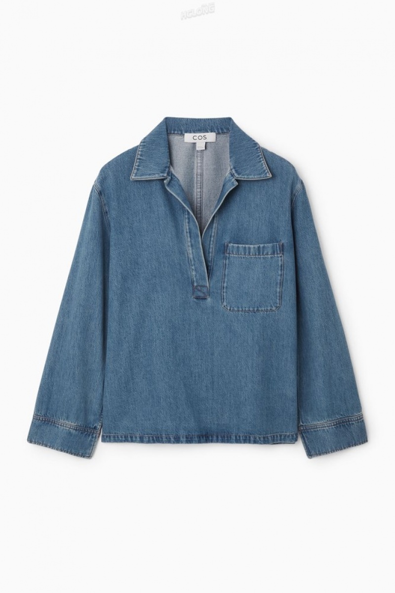 Washed Blue COS Collared V-Neck Denim Top Shirts & Blouses | 452168-JZK