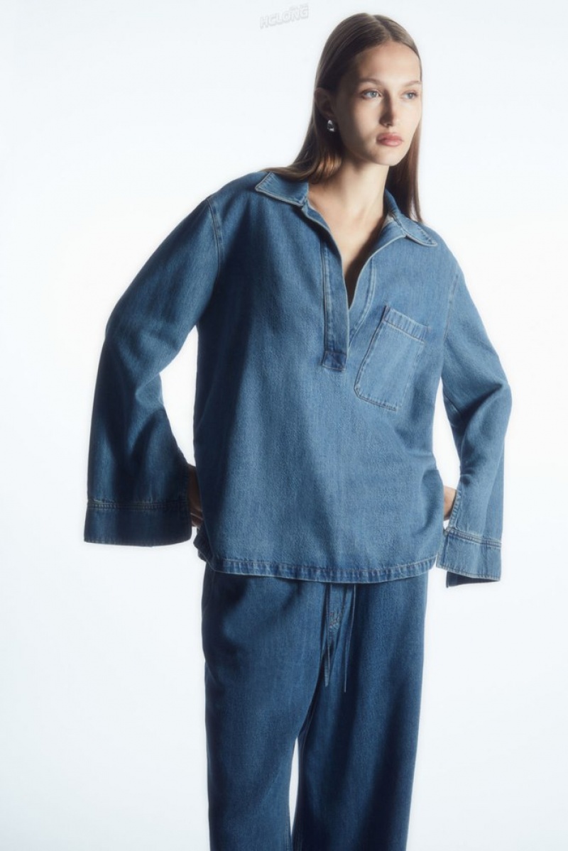 Washed Blue COS Collared V-Neck Denim Top Shirts & Blouses | 452168-JZK