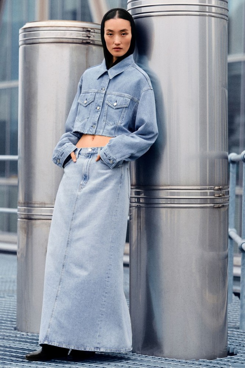 Washed Light Blue COS Denim Maxi Skirt Skirts | 376402-USM