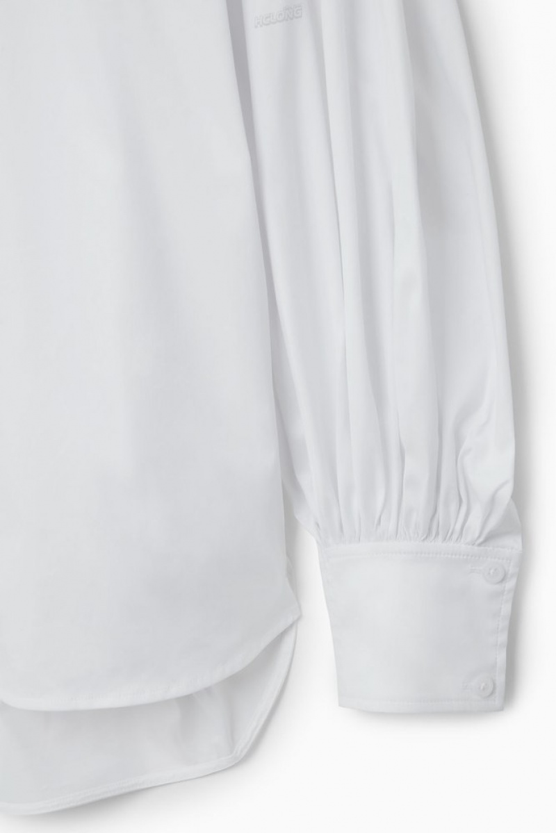 White COS Gathered Grandad-Collar Blouse Blouses | 645189-KXN