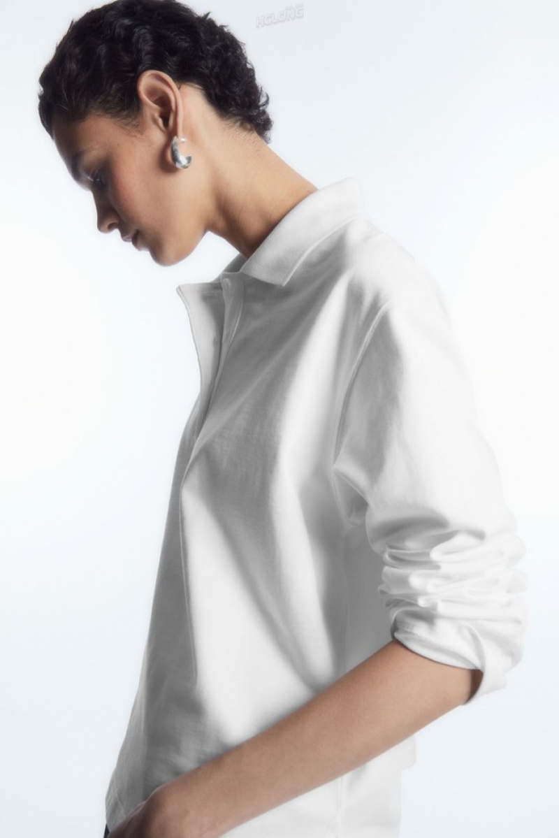 White COS Long-Sleeved Polo Shirt Tops | 863210-DTS