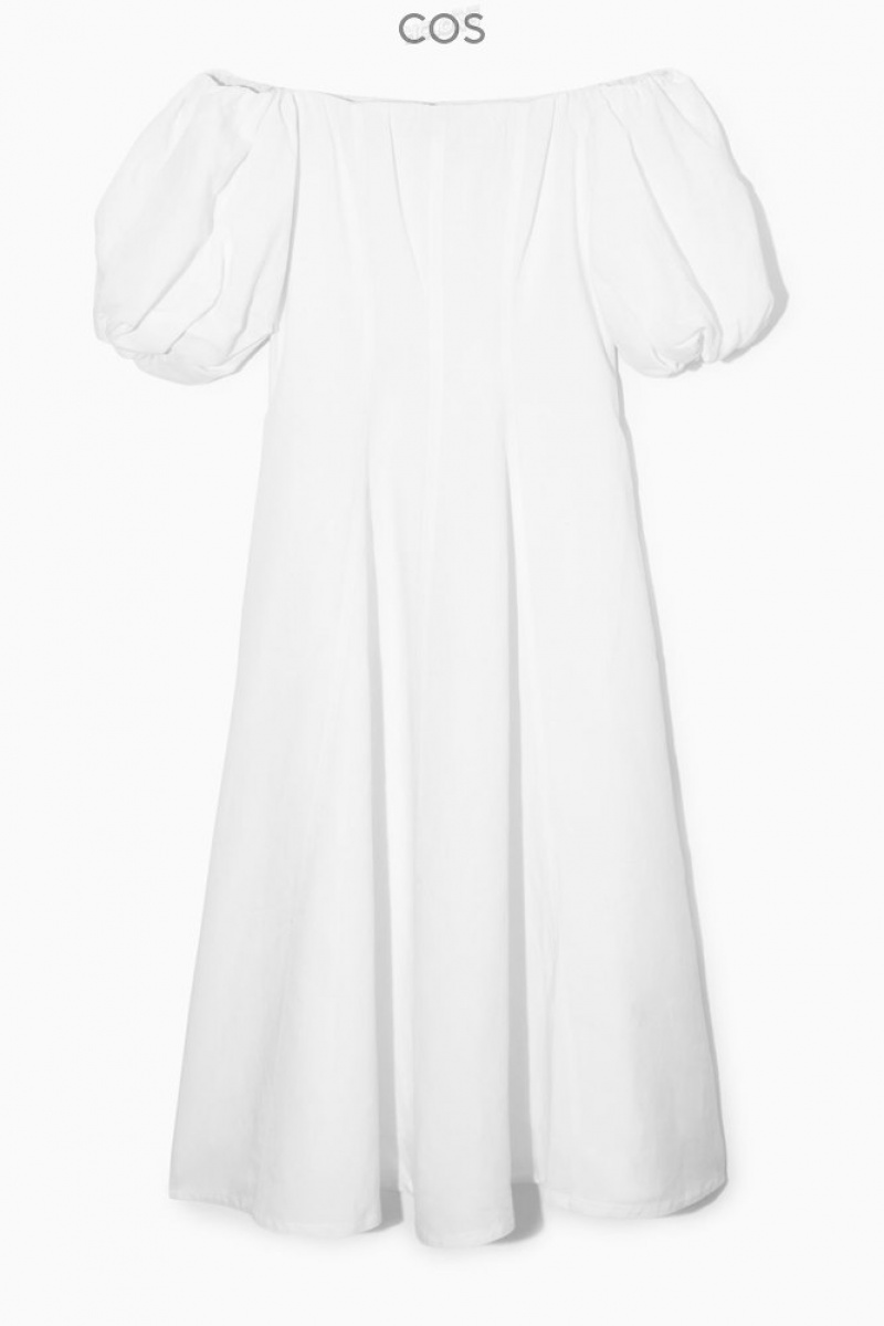 White COS Off-The-Shoulder Puff-Sleeve Midi Dress Dresses | 653247-JZR