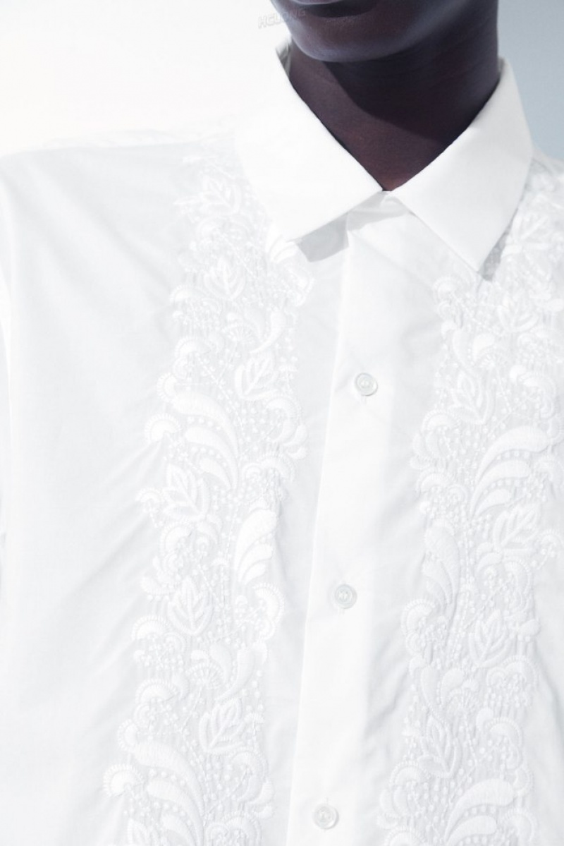 White COS The Embroidered Short-Sleeved Shirt Shirts | 823170-GSB