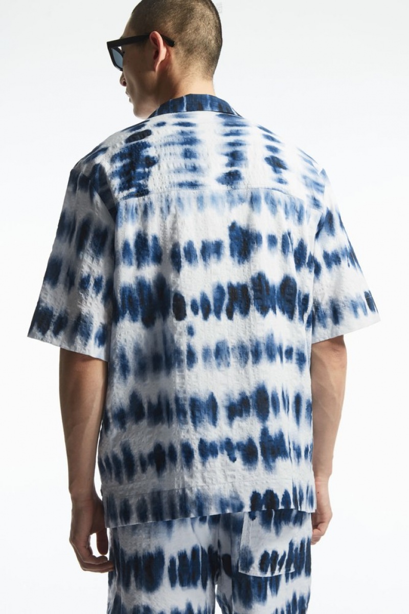 White / Blue / Printed COS Camp-Collar Seersucker Shirt Shirts | 305648-YPT