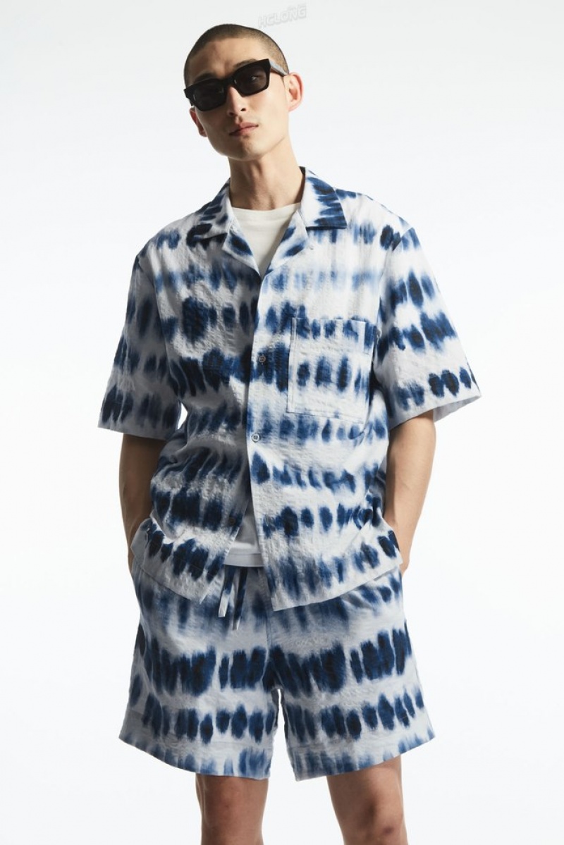 White / Blue / Printed COS Camp-Collar Seersucker Shirt Shirts | 305648-YPT