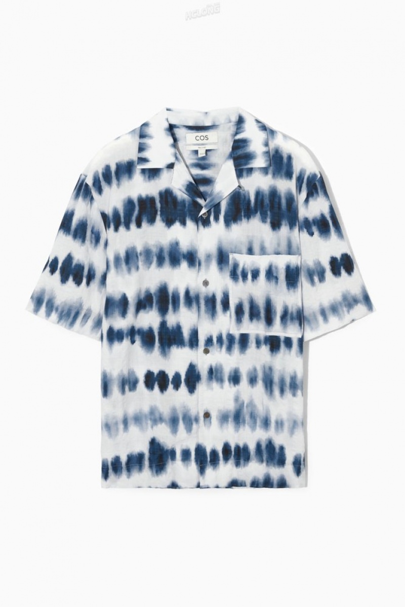 White / Blue / Printed COS Camp-Collar Seersucker Shirt Shirts | 305648-YPT