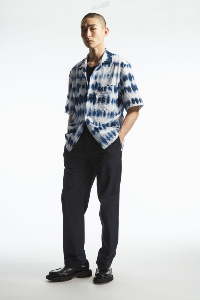 White / Blue / Printed COS Camp-Collar Seersucker Shirt Shirts | 305648-YPT